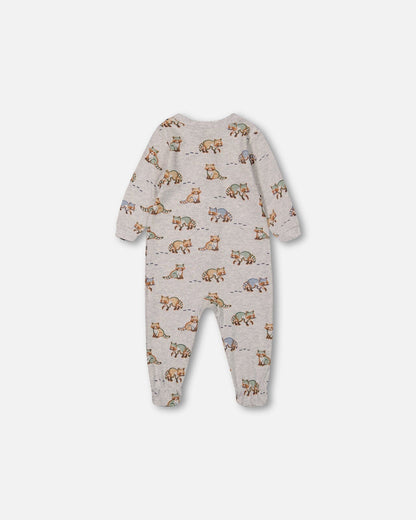 Pyjama une pièce en coton biologique, motif ratons laveurs imprimés, coloris beige mélangé