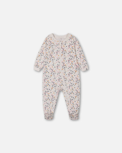 Pyjama une pièce en coton biologique, motif fleurs imprimées crème
