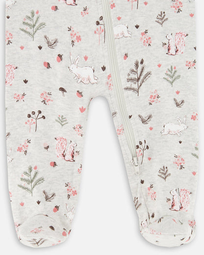 Grenouillère en coton biologique imprimé écureuil, mélange de beige