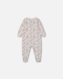 Pyjama une pièce en coton biologique, motif fleurs imprimées crème