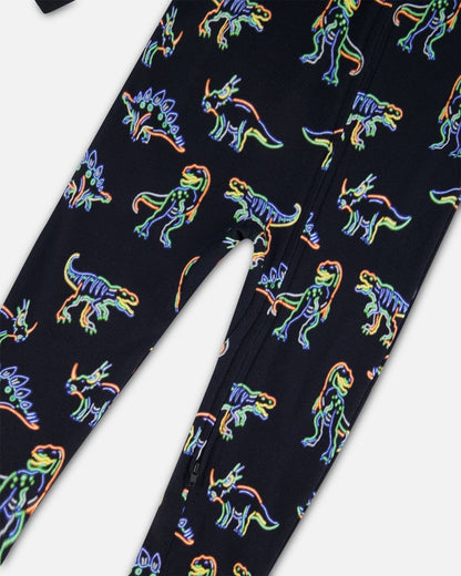 Organic Cotton One Piece Pajama Black Printed Neon Dino