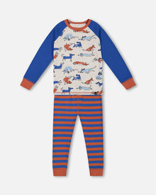 Ensemble pyjama deux pièces en coton biologique à rayures bleues et oranges