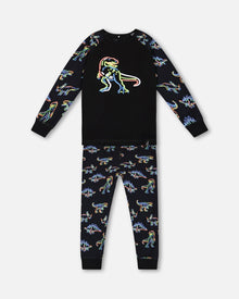 Pyjama deux pièces en coton biologique imprimé dinosaure fluo
