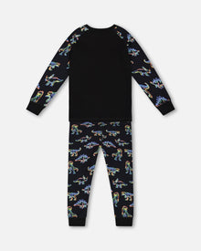 Pyjama deux pièces en coton biologique imprimé dinosaure fluo