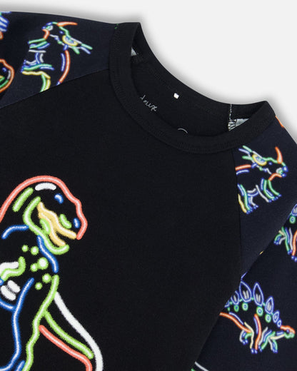 Organic Cotton Two Piece Pajama Set Black Printed Neon Dino