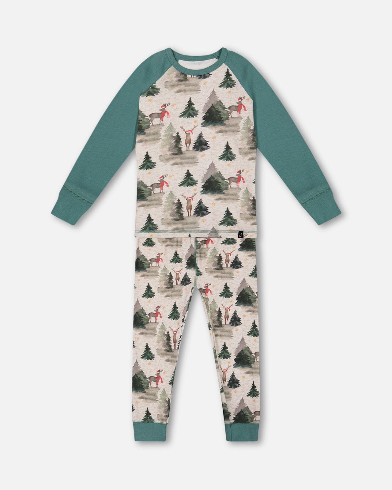 Pyjama deux pièces en coton biologique gris chiné et rennes imprimés verts