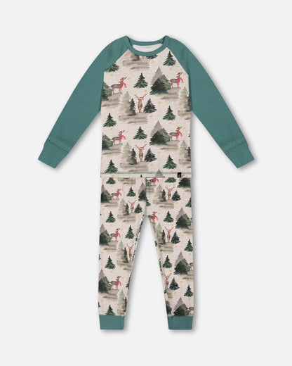 Pyjama deux pièces en coton biologique gris chiné et rennes imprimés verts