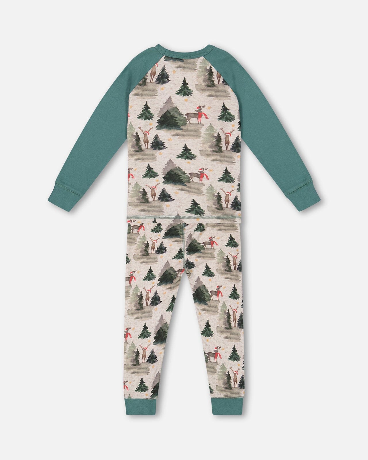 Pyjama deux pièces en coton biologique gris chiné et rennes imprimés verts