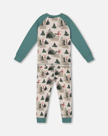 Organic Cotton Two Piece Pajama Set Gray Mix And Green Printed Reindeer