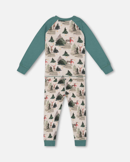Pyjama deux pièces en coton biologique gris chiné et rennes imprimés verts