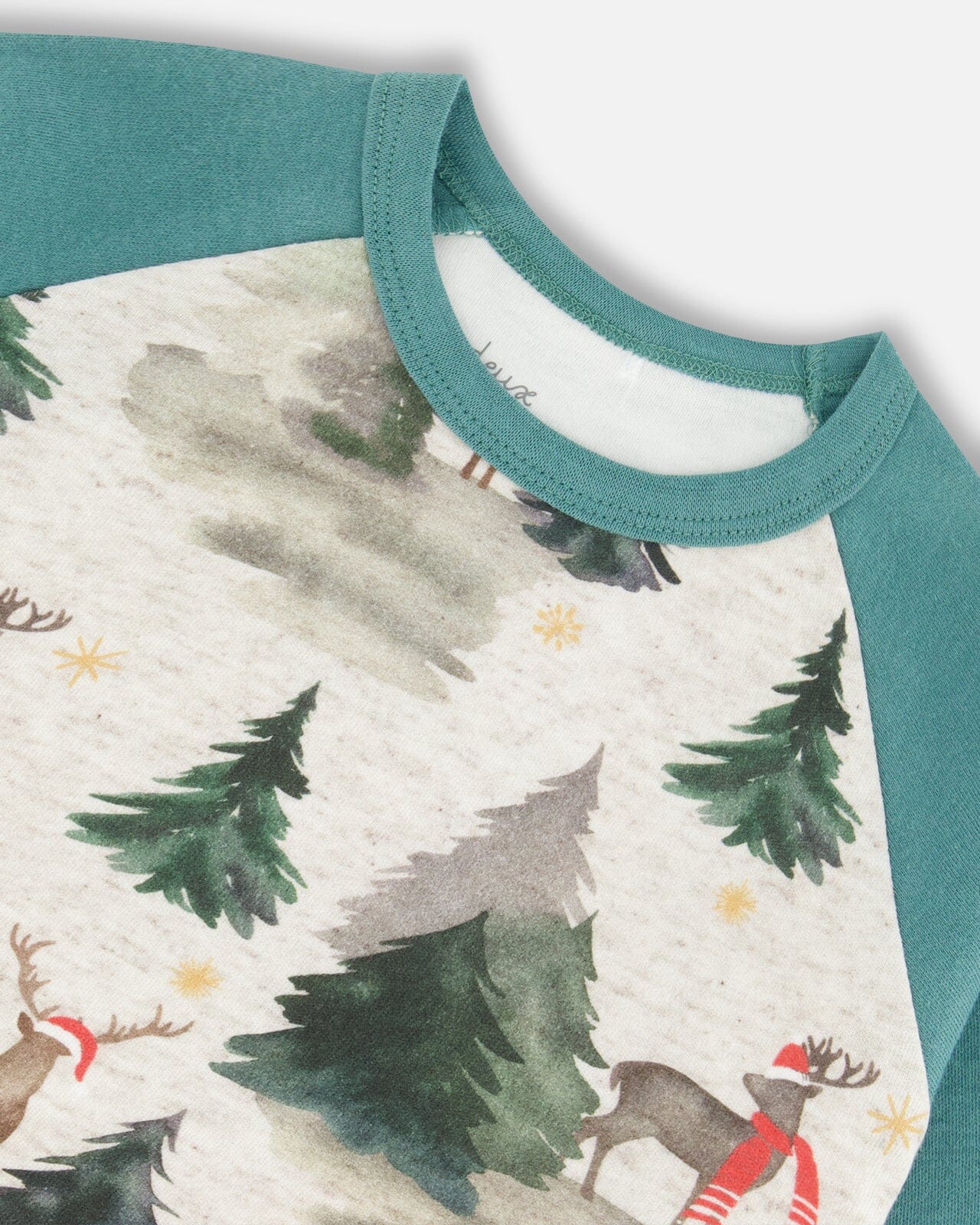 Pyjama deux pièces en coton biologique gris chiné et rennes imprimés verts