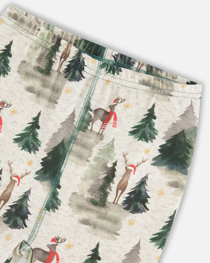 Pyjama deux pièces en coton biologique gris chiné et rennes imprimés verts