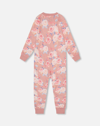 Organic Cotton One Piece Pajama Old Pink Printed Roses