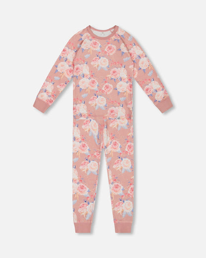 Pyjama deux pièces en coton biologique Vieux rose Imprimé roses