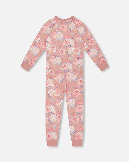Pyjama deux pièces en coton biologique Vieux rose Imprimé roses