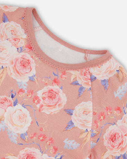 Pyjama deux pièces en coton biologique Vieux rose Imprimé roses