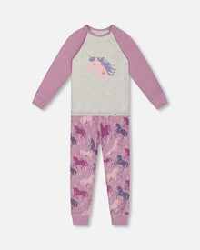 Ensemble de pyjama deux pièces en coton biologique, motif licornes imprimées, mauve
