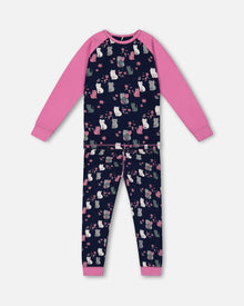 Ensemble de pyjama deux pièces en coton biologique, imprimé chats marine