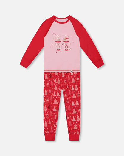 Organic Cotton Two Piece Pajama Set Red Printed Christmas Tree