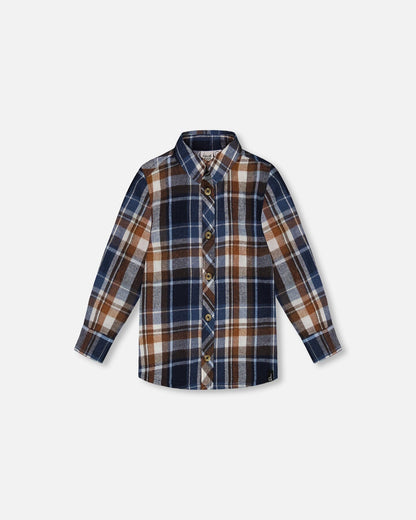 Chemise boutonnée à manches longues à carreaux bleu et noisette