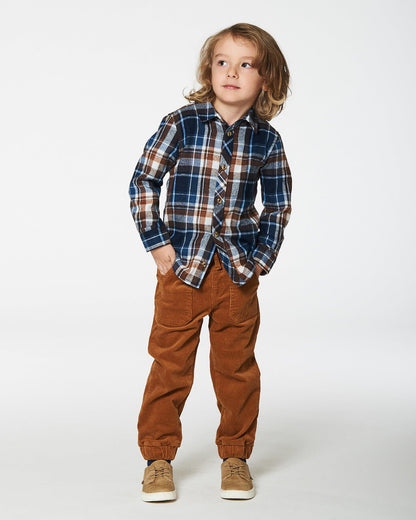 Chemise boutonnée à manches longues à carreaux bleu et noisette
