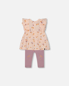 Ensemble tunique en mousseline imprimée et legging en coton biologique, motif pêches et poires avec du violet