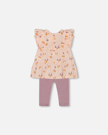 Ensemble tunique en mousseline imprimée et legging en coton biologique, motif pêches et poires avec du violet