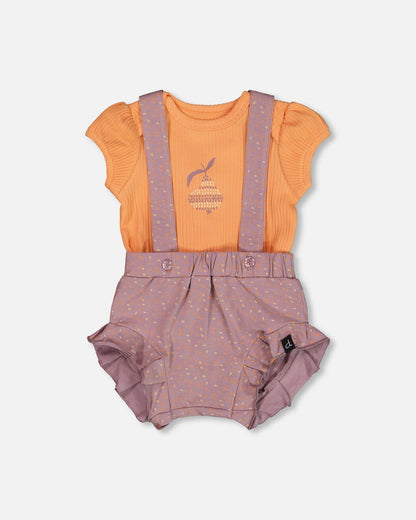 Grenouillère et barboteuse en coton biologique imprimé orange et violet