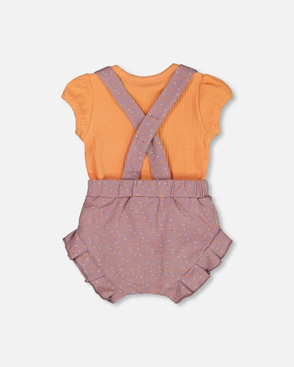 Grenouillère et barboteuse en coton biologique imprimé orange et violet