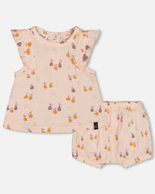 Ensemble Haut Et Bloomer En Mousseline Imprimée Pêche Avec Poires
