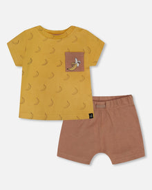 Ensemble haut et short en coton biologique imprimé, marron, jaune et bananes