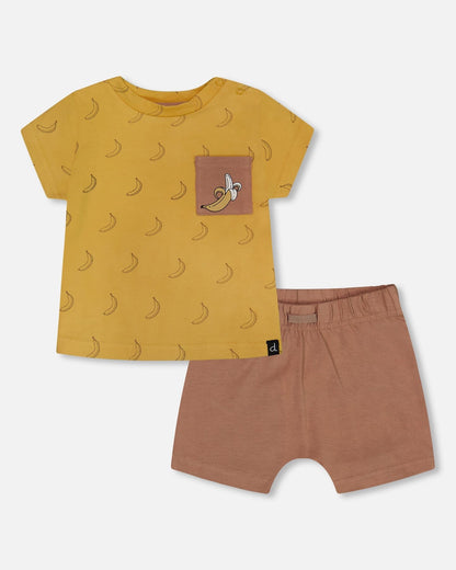 Ensemble haut et short en coton biologique imprimé, marron, jaune et bananes