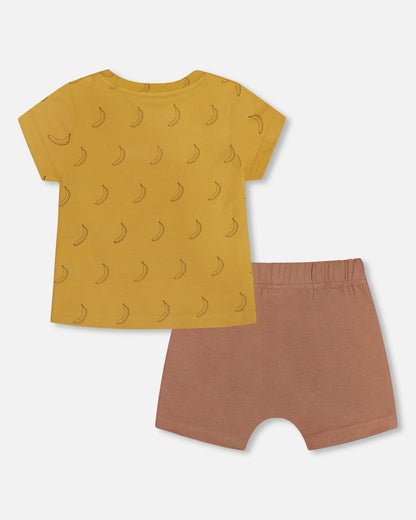 Ensemble haut et short en coton biologique imprimé, marron, jaune et bananes