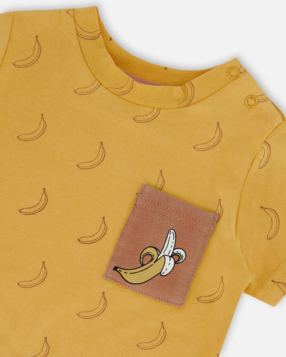 Ensemble haut et short en coton biologique imprimé, marron, jaune et bananes