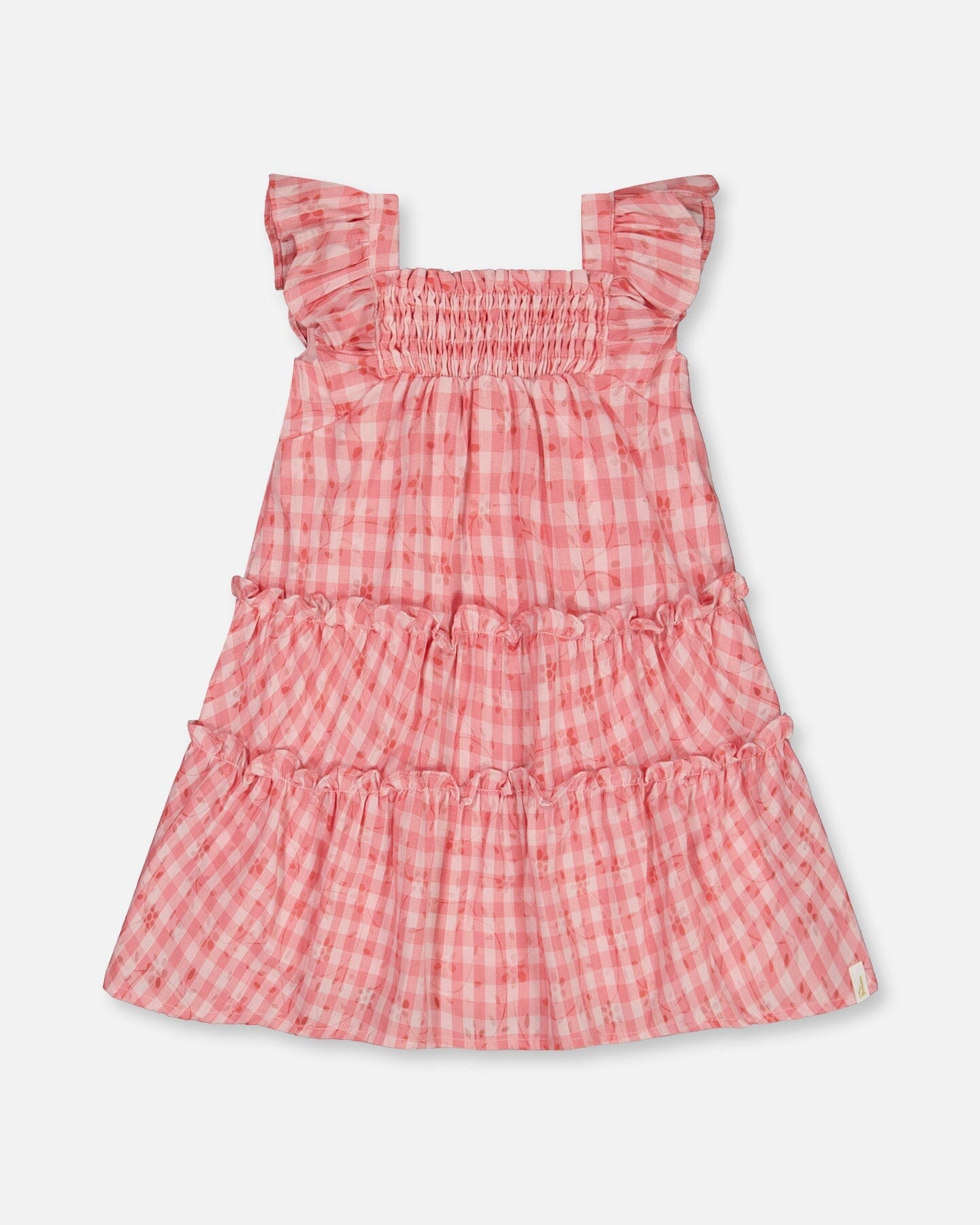 Robe à smocks étagée avec manches à volants à carreaux roses