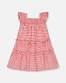 Robe à smocks étagée avec manches à volants à carreaux roses