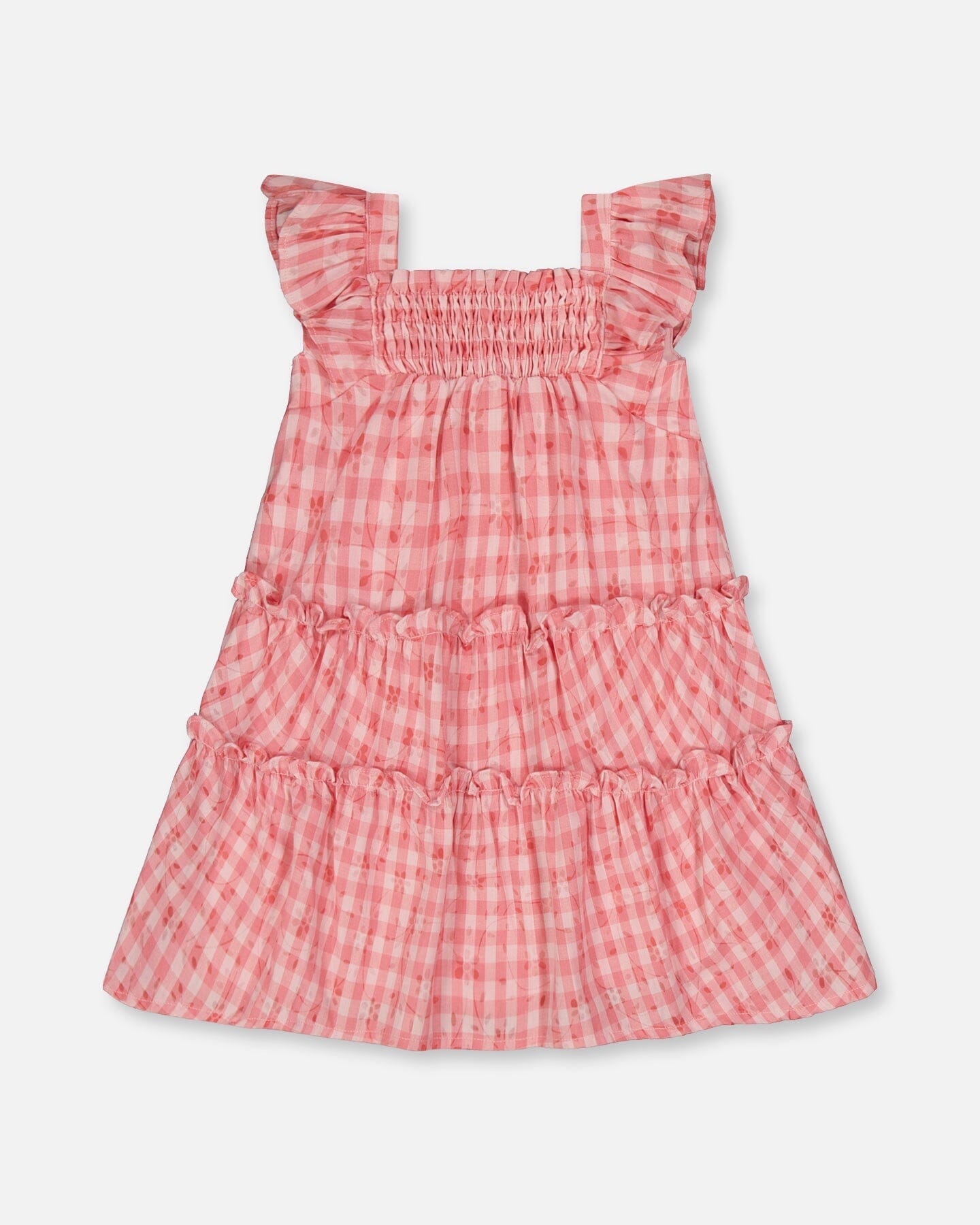 Robe à smocks étagée avec manches à volants à carreaux roses