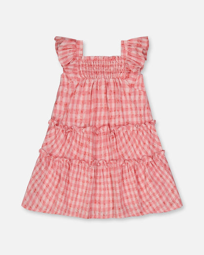 Robe à smocks étagée avec manches à volants à carreaux roses