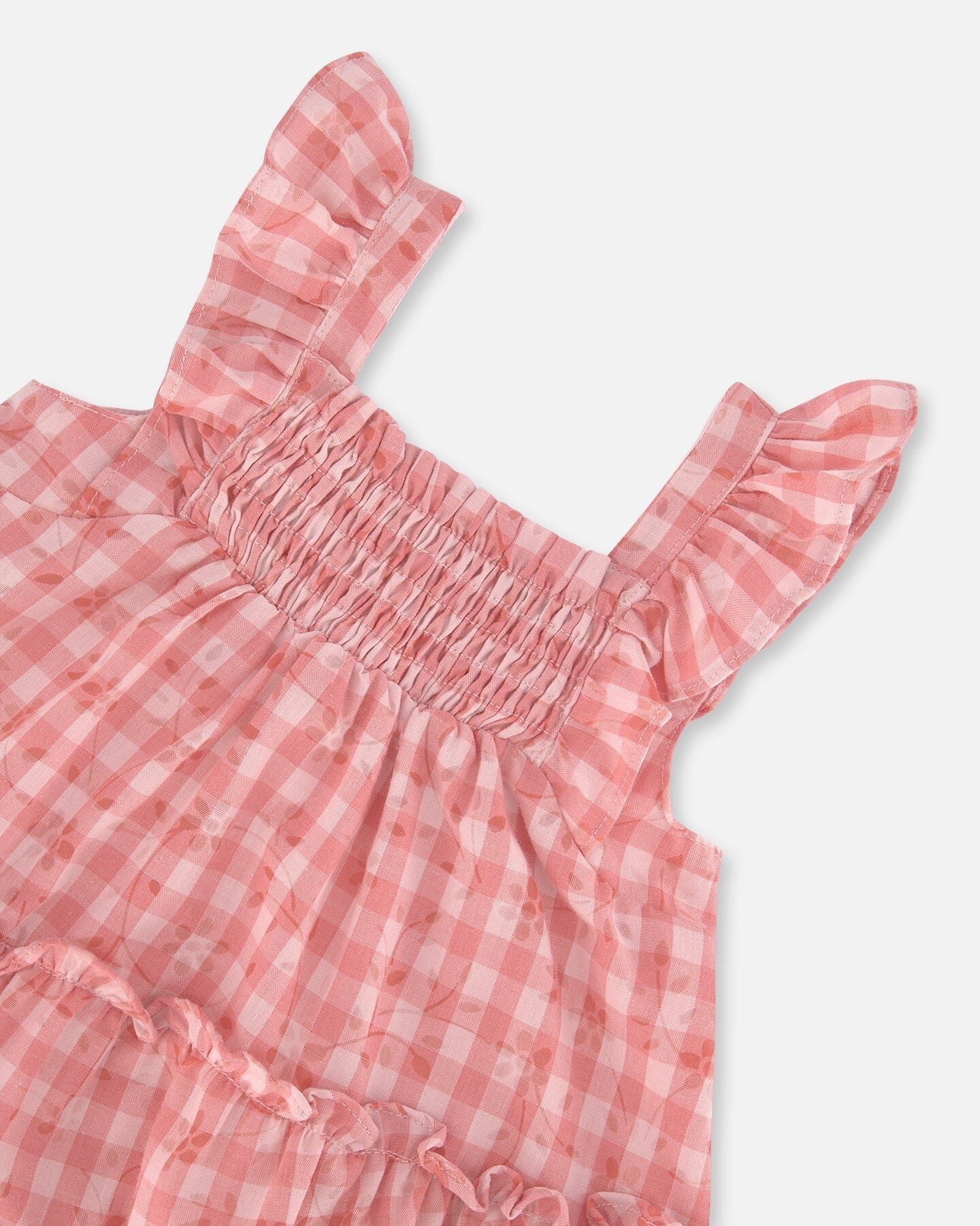 Robe à smocks étagée avec manches à volants à carreaux roses