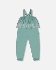 Chambray Jumpsuit With Embroidery Light Blue