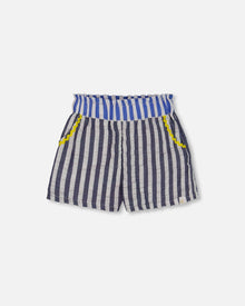 Short en seersucker bleu marine et blanc