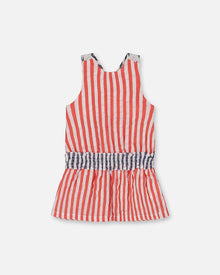 Sleeveless Seersucker Tunic Red, White, And Black