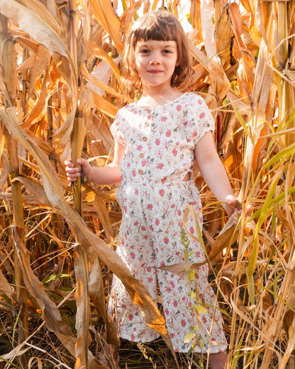 Printed Seersucker Jumpsuit With Cut Outs Pink Flowers On Cream Background