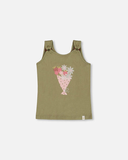 Débardeur en jersey froissé motif floral vert olive