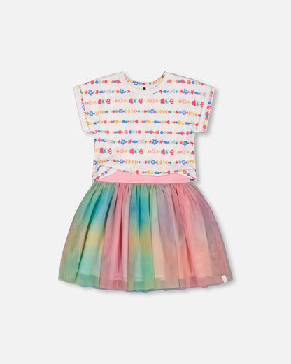 Robe bi-matière avec jupe en résille Tie Dye multicolore et blanche