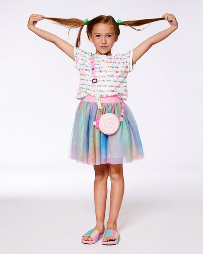 Robe bi-matière avec jupe en résille Tie Dye multicolore et blanche