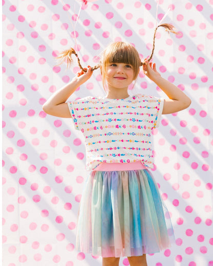 Robe bi-matière avec jupe en résille Tie Dye multicolore et blanche
