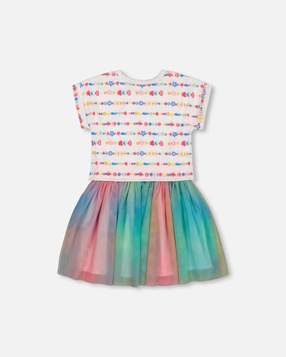 Robe bi-matière avec jupe en résille Tie Dye multicolore et blanche