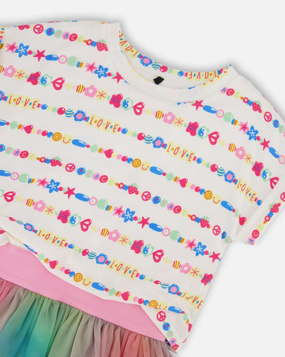 Robe bi-matière avec jupe en résille Tie Dye multicolore et blanche