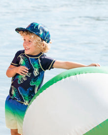 Short Sleeve Rashguard Blue And Green Dino On Navy